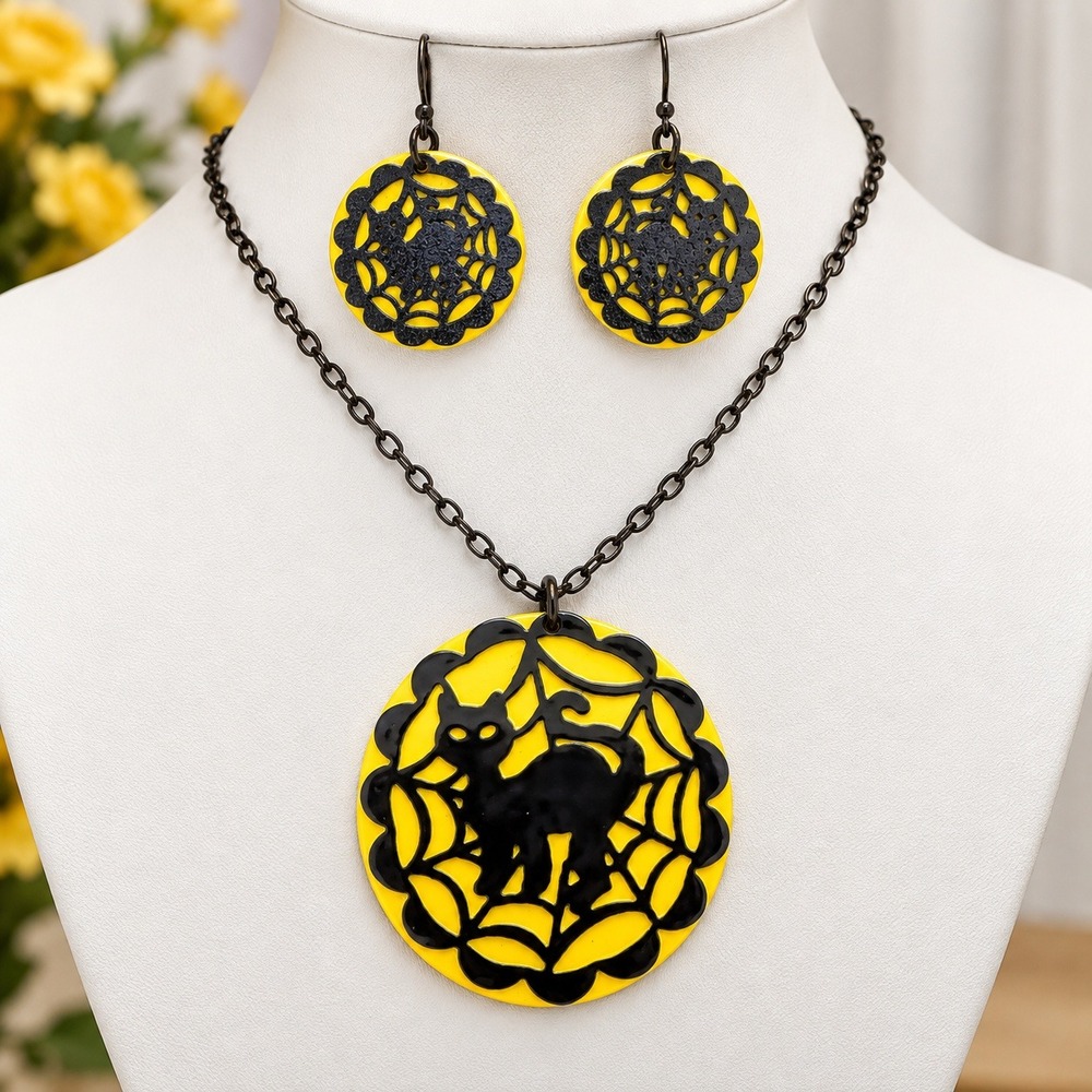 Avon Halloween Neon Black Cat Spider Web Necklace & Pierced Earring Set NEW